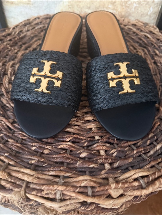 Tory Burch Shoes - Tory Burch Black Sandals Straw Slides HEELED sz 10